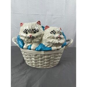 Vintage Ceramic Cats In A Basket, Art Project 1980s, 2 White Cats, 14"x10"